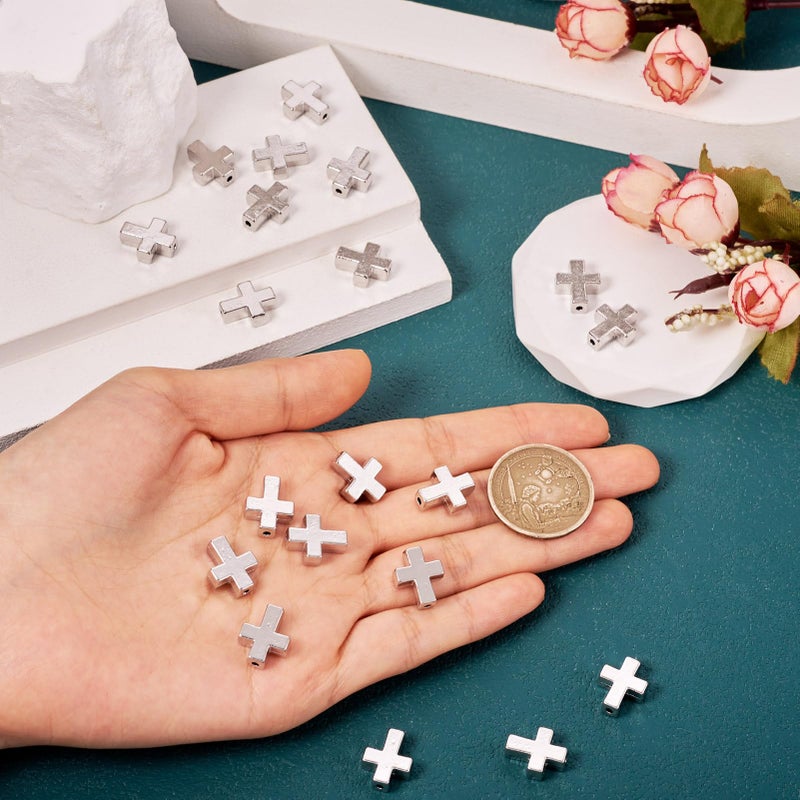 BB Beadthoven Beadthoven 20pcs Tibetan Style Platinum Alloy Cross Pendant Crucifix Cross Charm Beads for DIY Rosary Bracelet Necklace Jewelry Making 15x12x5mm - Image 3